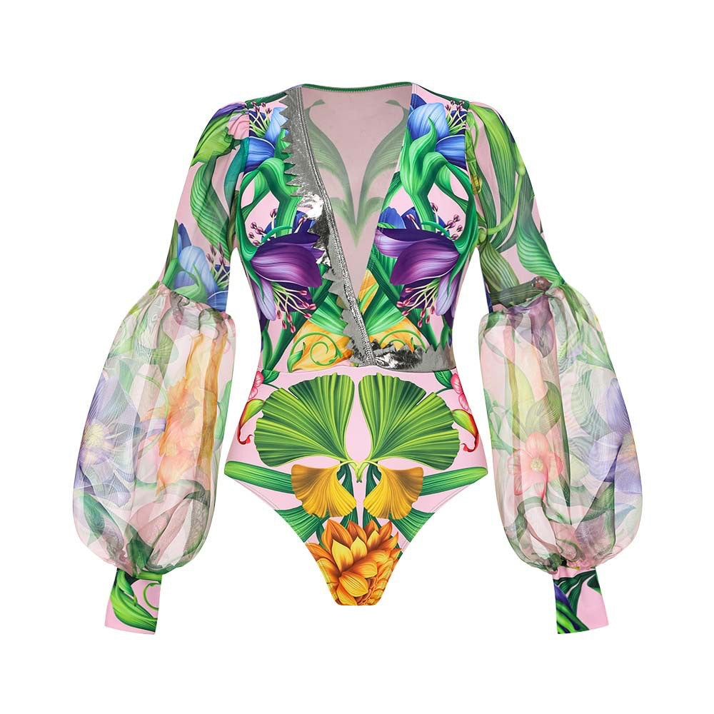 2024 Swimwear Cross-border Explosions Deep V-neck Lantern Long-sleeved Seaside Holiday Printed One-piece Swimsuit suit Women's 25153