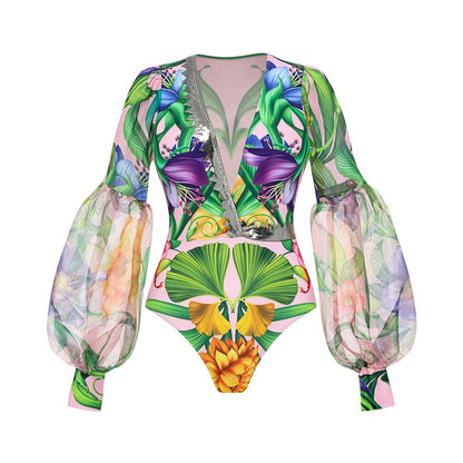 2024 Swimwear Cross-border Explosions Deep V-neck Lantern Long-sleeved Seaside Holiday Printed One-piece Swimsuit suit Women's 25153