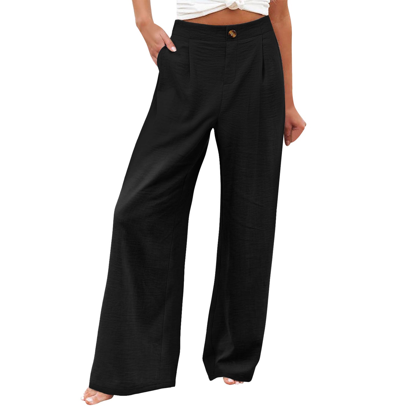 2026 Cross-Border Amazon European and American Summer Comfortable High-Waisted Long Pants with Buttons and Elastic Waist Wide-Leg Pants for Women Casual Straight-Leg Pants