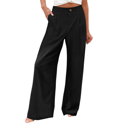 2026 Cross-Border Amazon European and American Summer Comfortable High-Waisted Long Pants with Buttons and Elastic Waist Wide-Leg Pants for Women Casual Straight-Leg Pants
