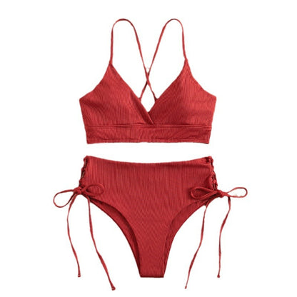 New European and American Swimwear Women Cross-border Solid Color V-neck Sexy Bikini suit High Waist Drawstring Split Swimsuit