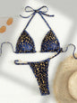 2025 European and American New Sexy T-Shaped Pearl Leopard Print Special Fabric Swimsuit Bikini Bikini Cross-Border