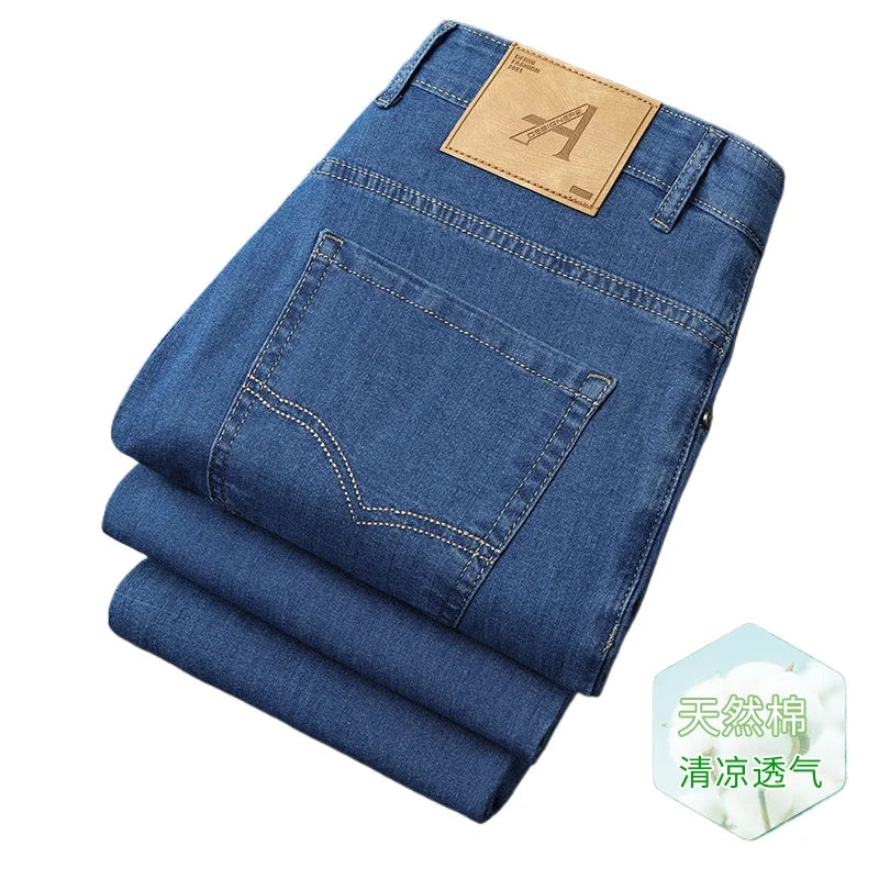 Men's Thin Jeans Spring Summer Fashion Breathable Cotton Blend Solid Color Business Casual Pants Simple Versatile Work Commute