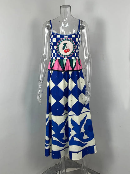 VEITCHE Fashion Women Print Suspenders Blue Ocean Fish Pattern Sexy Long Dress 2025 New Spring Summer Temperament Maxi Dresses