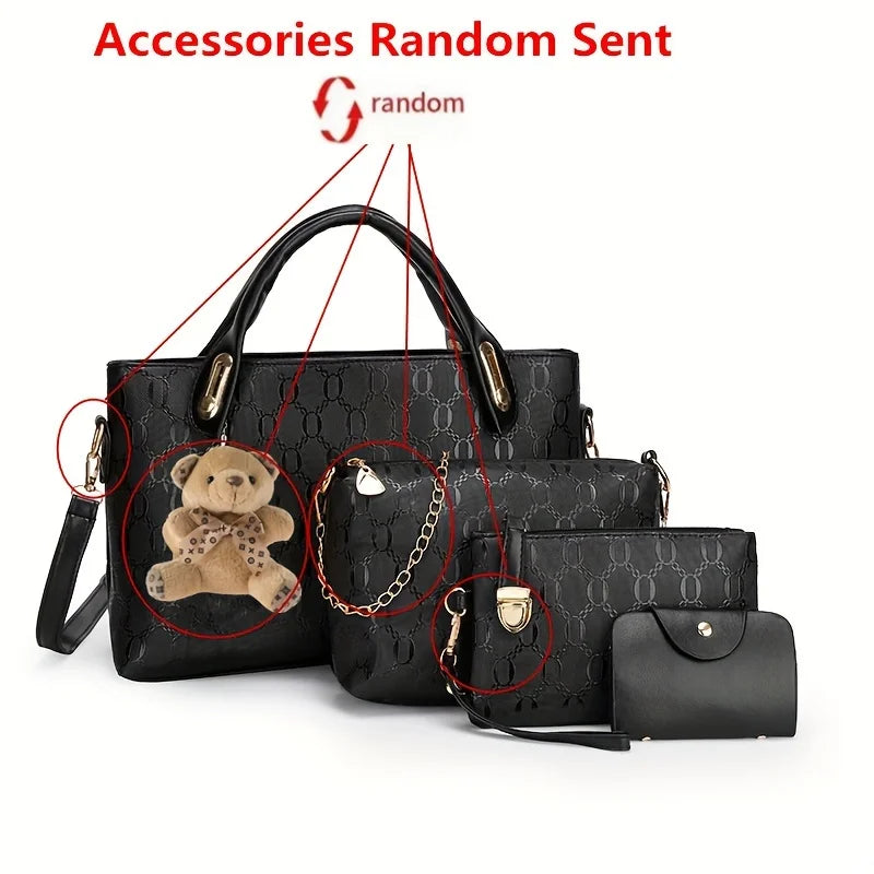 4pcs Geometric Pattern Tote Bag, Fashion Handbag Chian Crossbody Bag, Clutch Bag and Card Holder Purses and Handbags Hand Bag