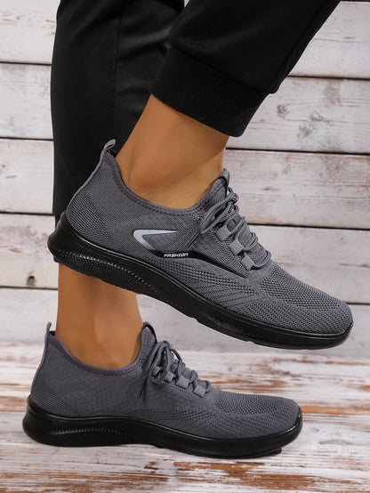 Men Breathable Knitted Running Shoes Anti Slip Trainers Arch Support Shock Absorbing EVA Sole Low Top Lace Up Sports Footwear