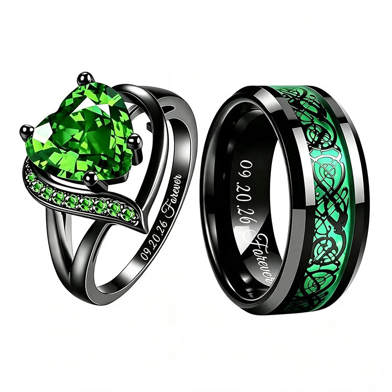Personalized Couple Rings Set Custom Engraved Heart Cubic Zirconia Engagement  Ring Birthday Gift Wedding Rings Jewelry