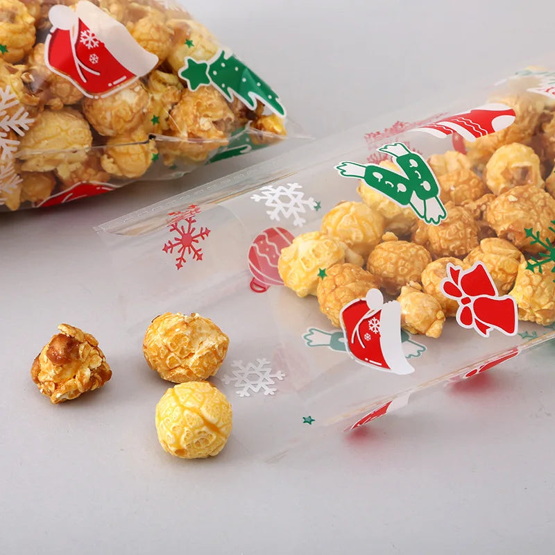 50/100pcs Christmas candy drawstring bag opp cellophane cookies nuts plastic bags New Year gift wrapping bags free gift ties