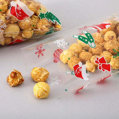 50/100pcs Christmas candy drawstring bag opp cellophane cookies nuts plastic bags New Year gift wrapping bags free gift ties