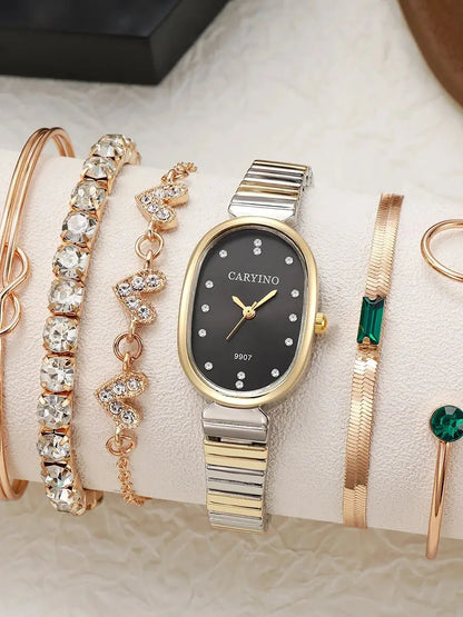 Elegant Two-Tone Watch & Jewelry Set - Oval Black Dial Watch, Crystal Stackable Bracelets & Emerald Accent Ring, Sophisticated L