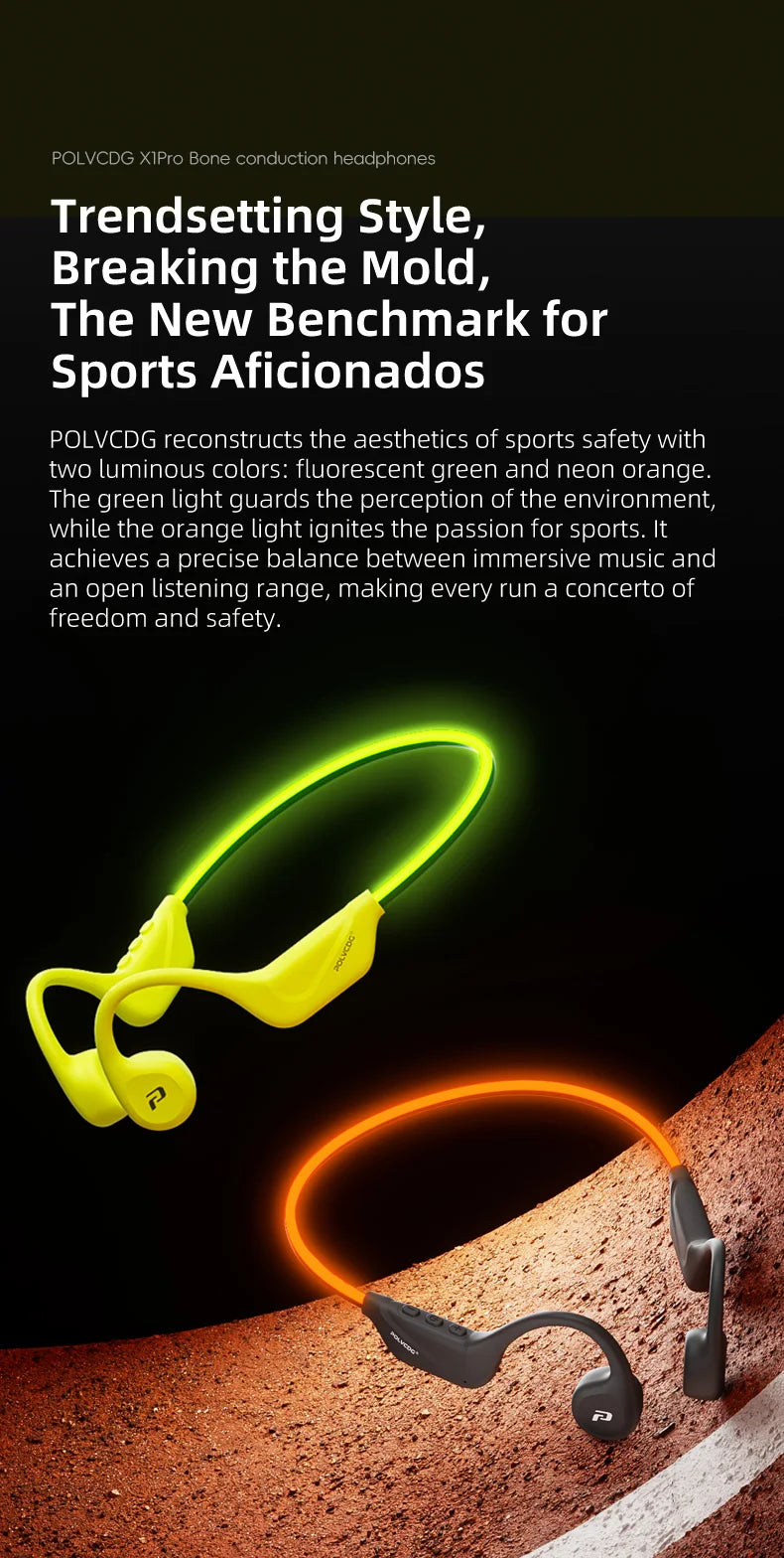 Słuchawki na przewodnictwo kostne POLVCDG X1pro z podświetleniem IPX5 do biegania nocą, z lampką nocną, Bluetooth, słuchawki rowerowe