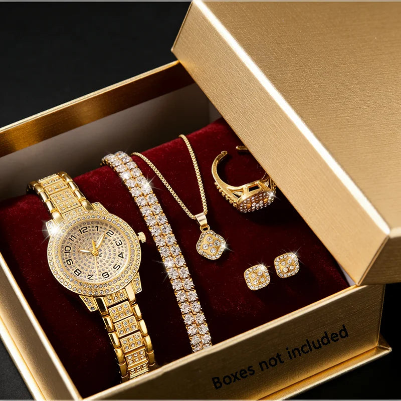 2pcs/set Luxury Women Gold Watch Fashion Ladies Quartz Diamond Wristwatch Elegant Female Bracelet Watches Set