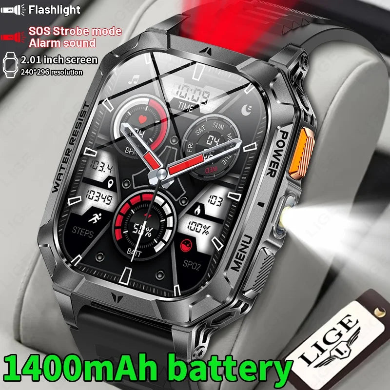 LIGE 2026 Military Grade 1400mAh Battery Smart Watch Men 2.01" HD Screen IP68 Waterproof Sport Fitness Bluetooth Call Smartwatch