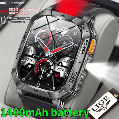 LIGE 2026 Military Grade 1400mAh Battery Smart Watch Men 2.01" HD Screen IP68 Waterproof Sport Fitness Bluetooth Call Smartwatch