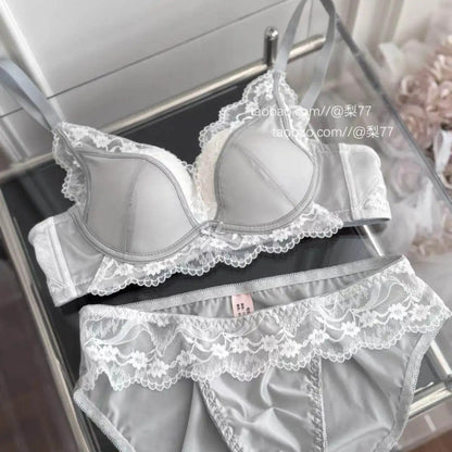 French Style Lace Satin Splice Bra Set Women Small Chest Gathered Lift Up Comfortable Soft Daily Underwear Lingerie Suit 32-38AB