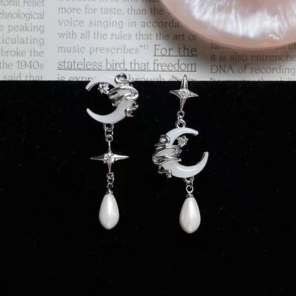 Fashion Asymmetric Shiny Star Moon Drop Earrings for Women Exquisite Metal Crystal Pearl Earrings Aesthetic Jewelry Accessories