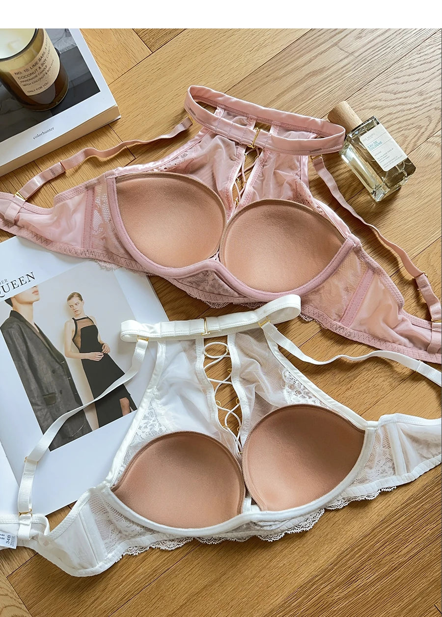 Luxury French Lace Halter Bra Small Chest Push-Up Sheer Bralette Seductive Allure Black Lingerie Set Wire-Free Comfort MOYISU AB