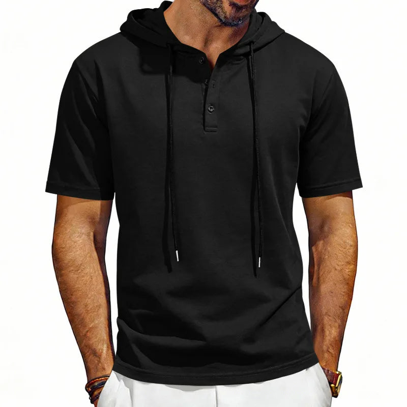 Summer Men's Short Sleeve Hooded T-Shirt Henry Neckline Drawstring Design Casual Loose Breathable Sporty Vest