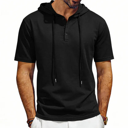 Summer Men's Short Sleeve Hooded T-Shirt Henry Neckline Drawstring Design Casual Loose Breathable Sporty Vest