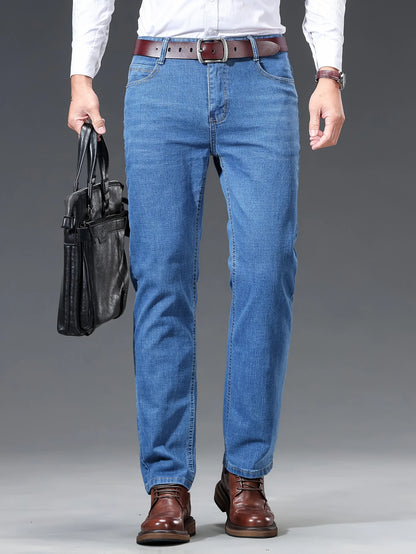 Thin Men's Straight Jeans Spring Summer Embroidered Casual Stretch Comfortable Trousers Business Fashion Male Denim Pants