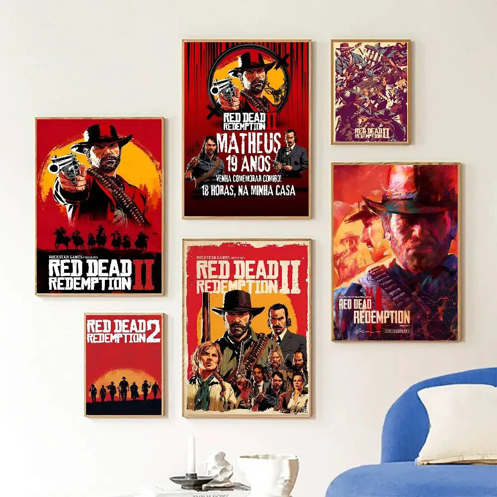 Red Dead Redemption 2 Game Poster Self-adhesive Art Room Entrance Restaurant Wall Decor Art Painting