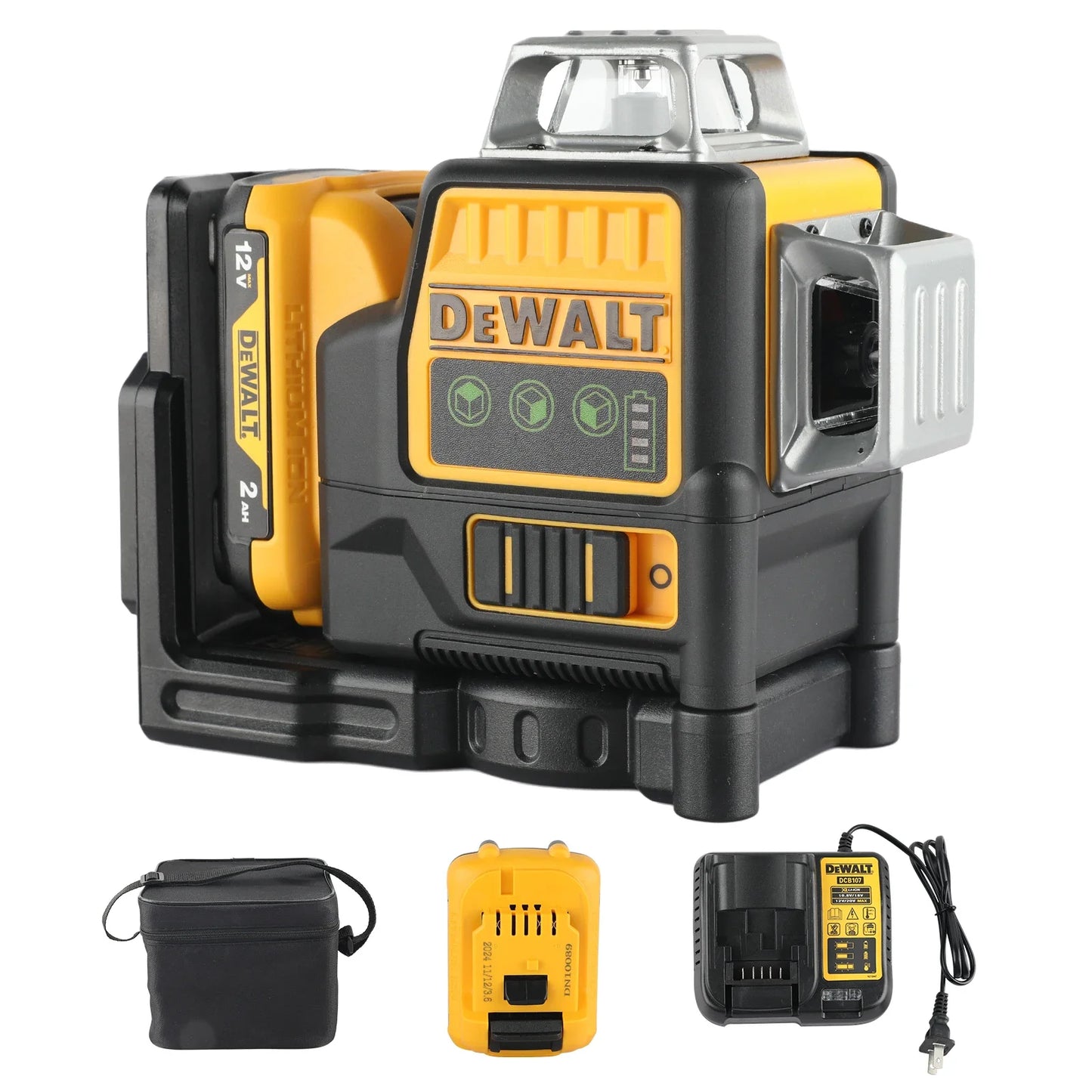 NOWY Dewalt DW089LG 3 płaszczyzny*360 stopni pionowo, akumulator litowy 12 V, poziomica laserowa 12 linii 360 poziomo, zielony miernik zewnętrzny – 2025