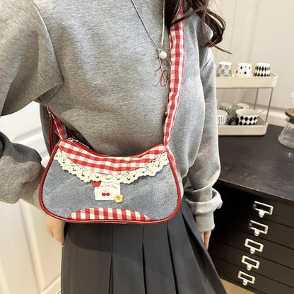 Fashion Grid Mini Handbag with Adjustable Shoulder Strap Korean Style Hand-held Commuting Bag Single-Shoulder Crossbody Underarm