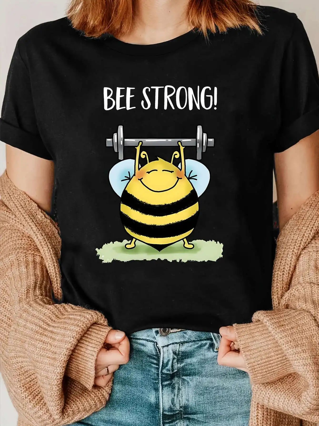 New T-shirt for Outdoor Leisure Sports Summer 2025 Round Neck Short Sleeves Funny Bee Fitness Pattern Printed Woman Casual Top