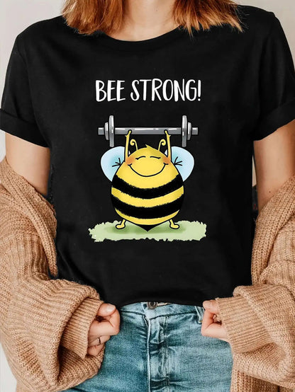 New T-shirt for Outdoor Leisure Sports Summer 2025 Round Neck Short Sleeves Funny Bee Fitness Pattern Printed Woman Casual Top