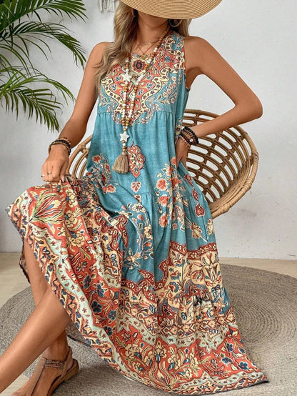Holidaya Ladies Summer Floral Print Round Neck Sleeveless Dress For Casual Or Vacation Maxi Vacation Beach Outfits Women