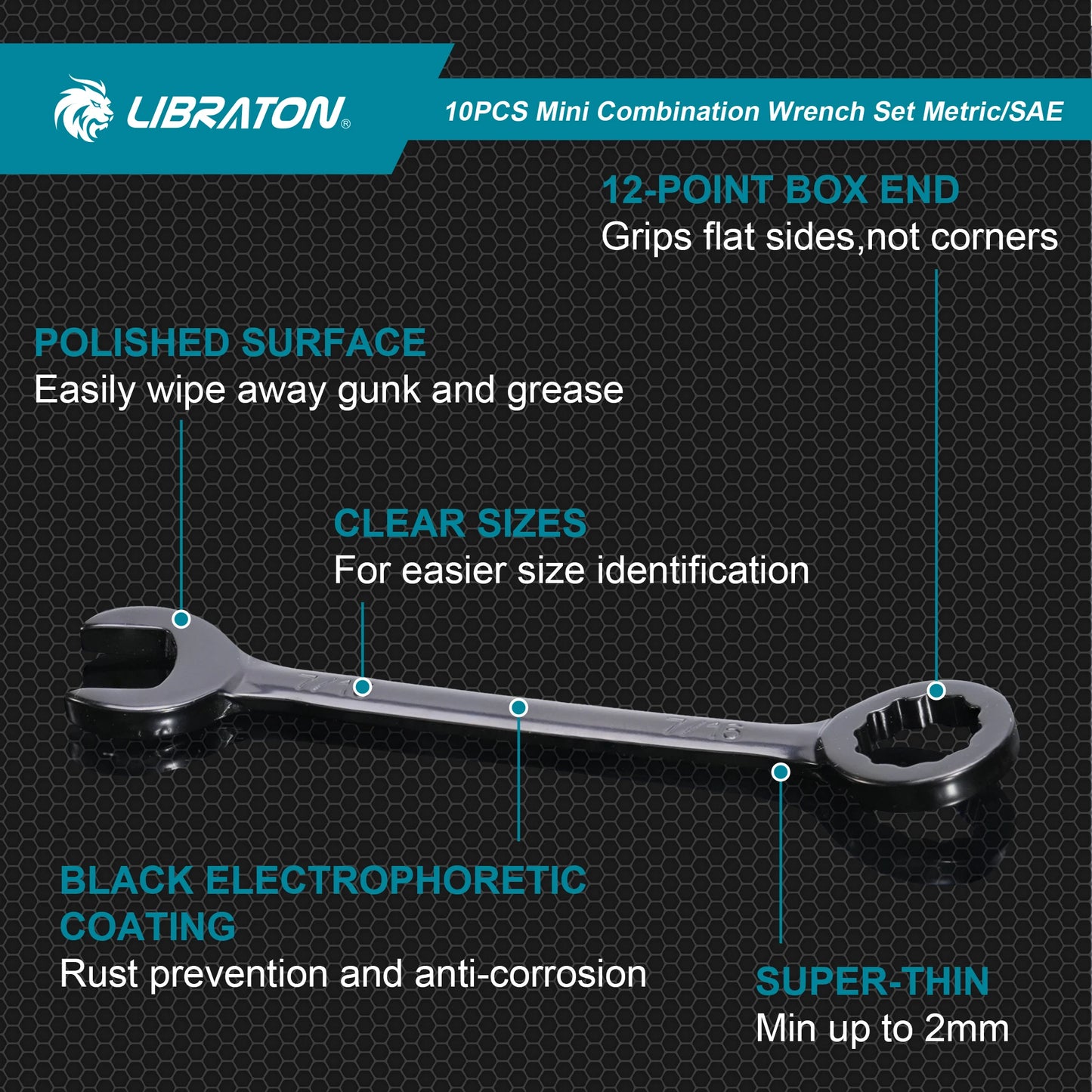LIBRATON 20-częściowy zestaw kluczy nasadowych metrycznych 4-11 mm i calowych 5/32"-7/16", dwustronnych (płaskie i oczkowe), stal węglowa, lekki futerał organizacyjny