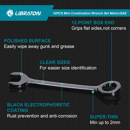 LIBRATON 20-częściowy zestaw kluczy nasadowych metrycznych 4-11 mm i calowych 5/32"-7/16", dwustronnych (płaskie i oczkowe), stal węglowa, lekki futerał organizacyjny