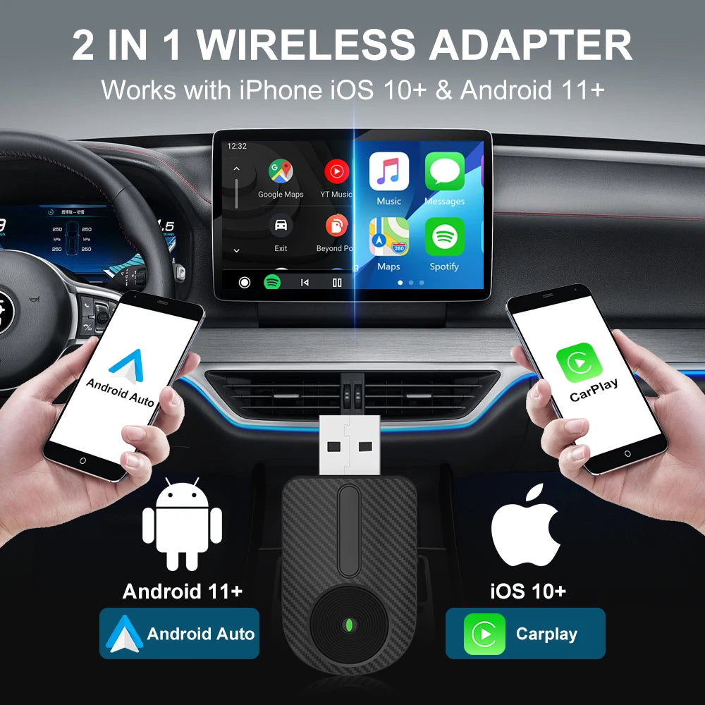 FLIXIVI 2 in 1 Wireless Carplay Android Auto Adapter AI Smart Car Systems for OEM Car Stereo Plug and Play Wired To Wireless