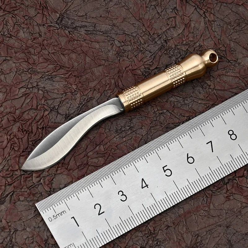 Portable Mini Knife Brass Wood Unboxing Hollow Blade EDC Fixed Blade Leather Cover Cutter Outdoor Surivival Tools Gift