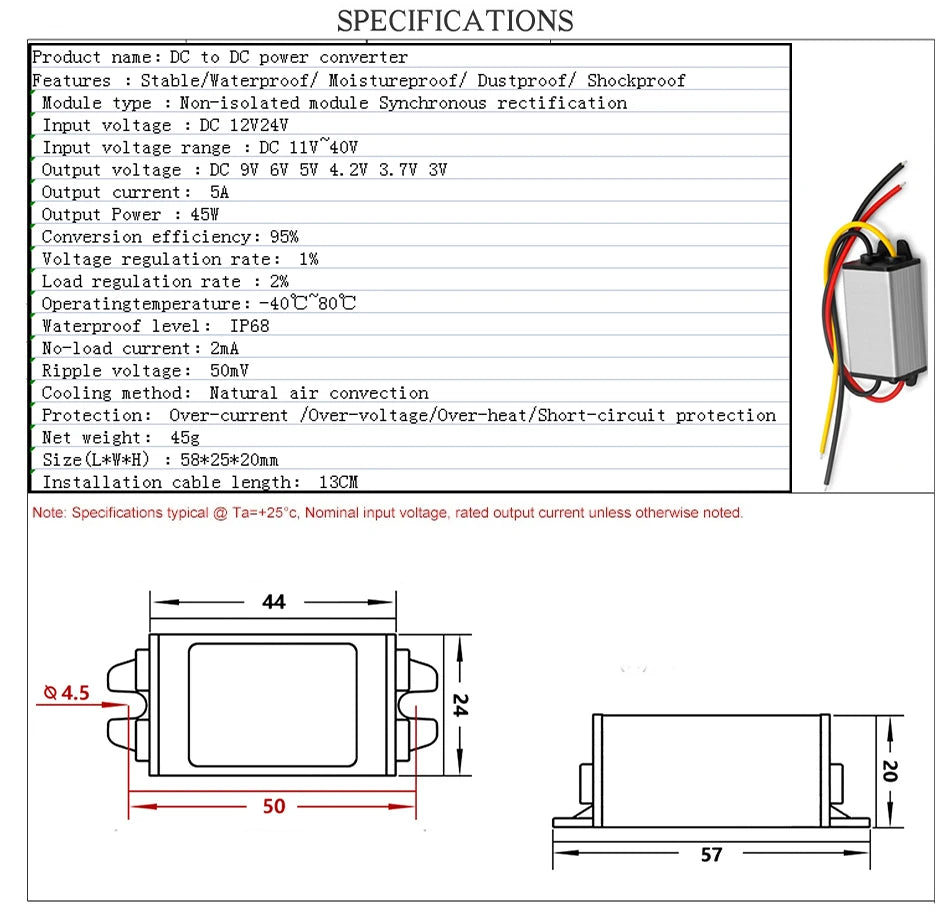 12V24V to 9V 7.5V 6V 5V 4.2V 3.7V 3V 3.3V 5A 12V to 9V 24V to 9V Transformer Step-Down Module DC Power Converter CE RoHS