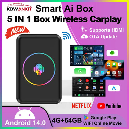 Android 14 4+64G Wireless CarPlay Ai Box Kowankit Smart HDMI Plug & Play 5 in 1 Android Auto Car Tv Box For YouTube Netflix 2026