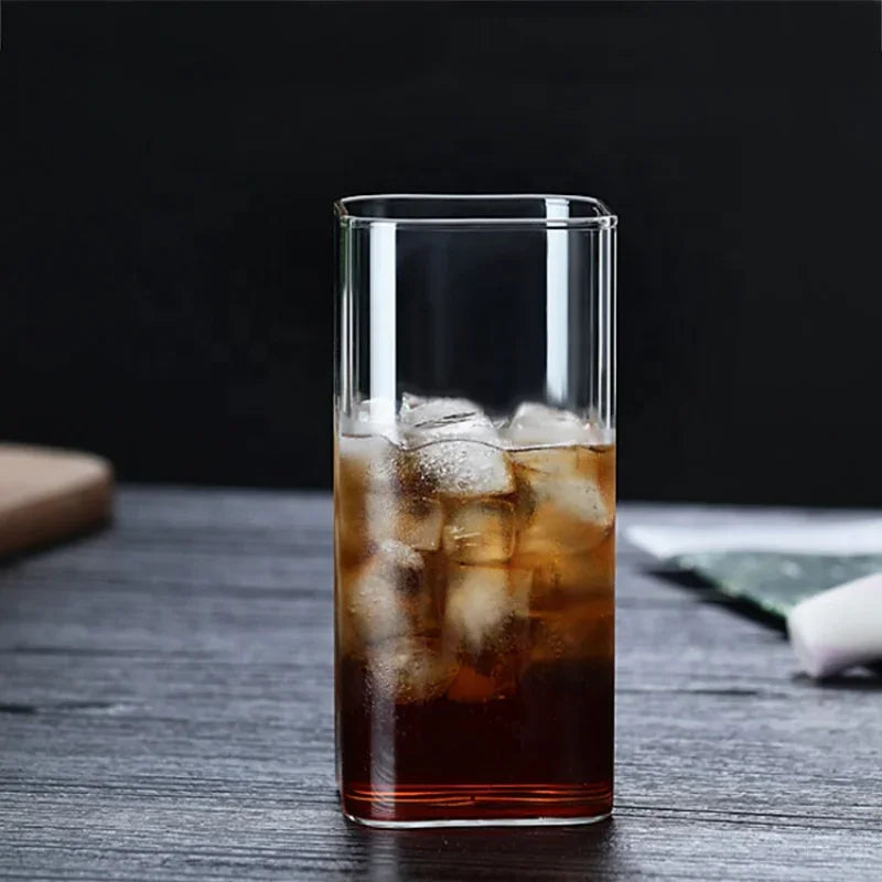 Square Simple Glass Cup Clear Cold Drink Juice Milk Glass Red Wine Beer Glass Coffee Cup Water Cup Drinking Utensils