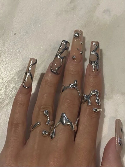 4PCS Hip Hop Fashion Geometric Water Drop Shape Women's Ring Set Music Festival Ball Jewelry