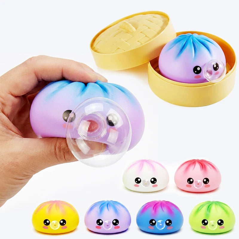 1/4Box Dumpling Squeeze Blow Bubbles Toy Dumpling Squishies Set with Steamer Bubble-Blowing Squishies Stretchy Fidget Sensory