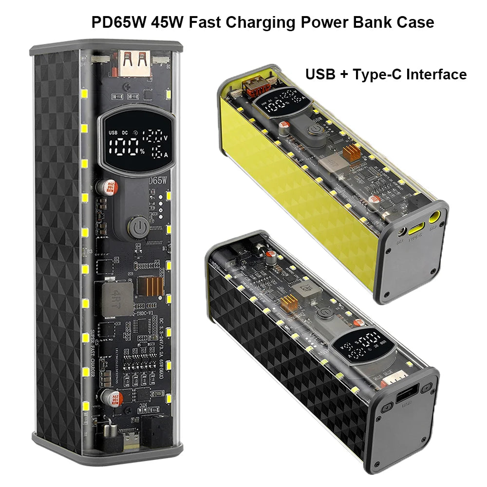 PD65W 45W Super Fast Charging DIY Power Bank Case Weld-Free 8-Cell 18650 Battery Storage Box Daul USB Type C Output