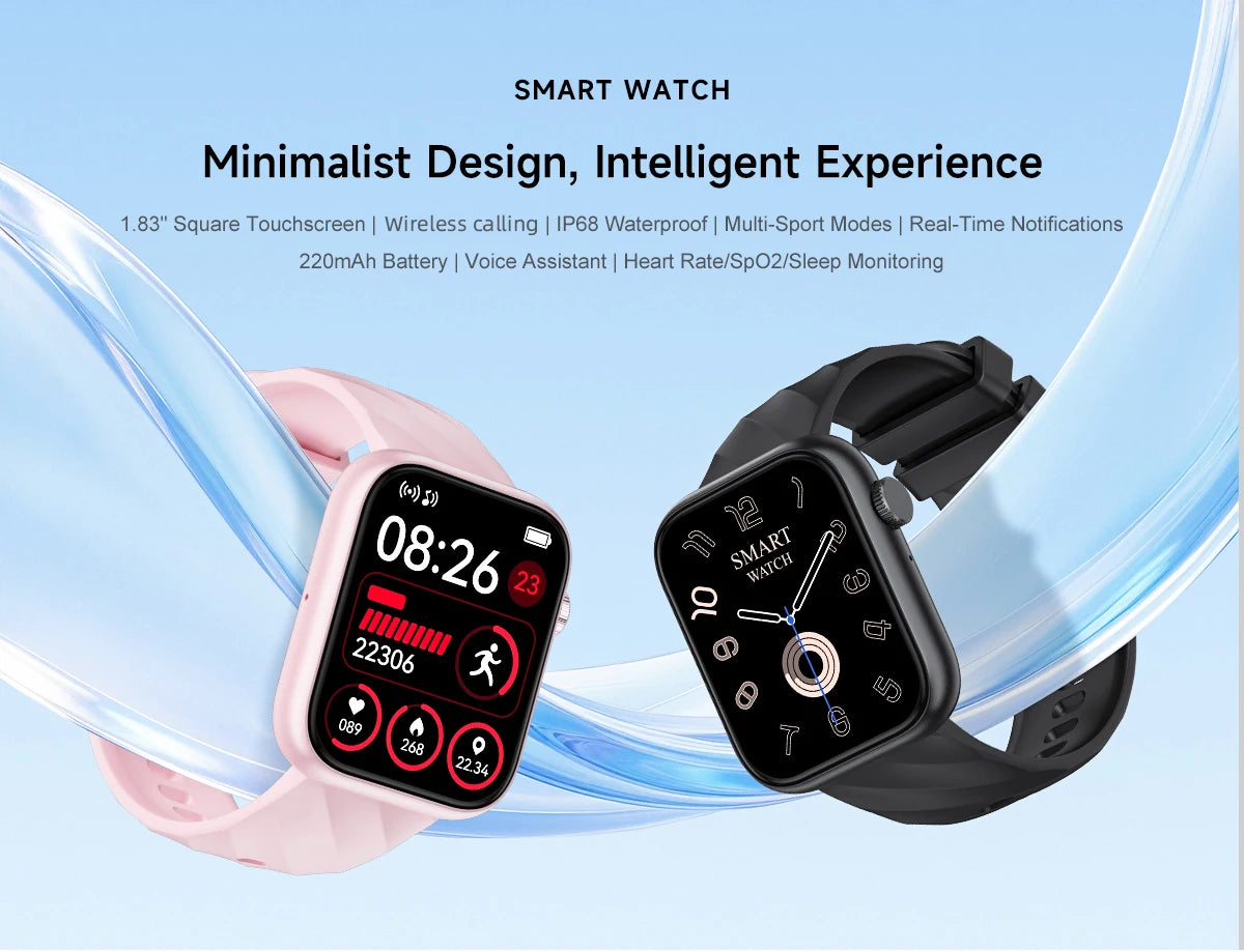 Smartwatch 1,83 cala dla mężczyzn i kobiet, dotykowy ekran, sportowy zegarek fitness, połączenia Bluetooth, cyfrowy smartwatch, wodoodporność IP68