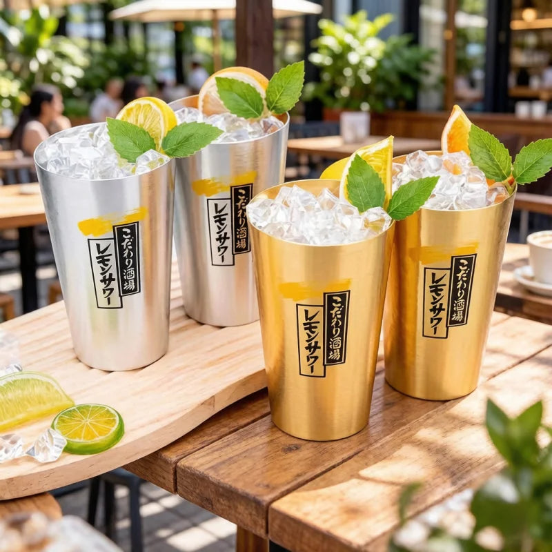 Japanese Style Aluminum Beer Mugs Set 450ml, Gold & Silver Reusable Drinking Mug for Beer Water Juice, Outdoor Camping Party
