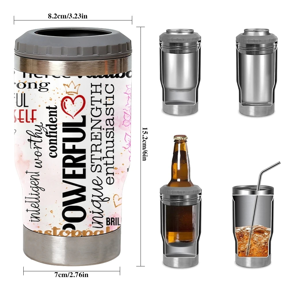 COOL Woman Motivational Vacuum Flasks 4-in-1 Stainless Steel Can Cooler Insulated Beer Soda Coffee Holder Dual Lids Fits 12oz