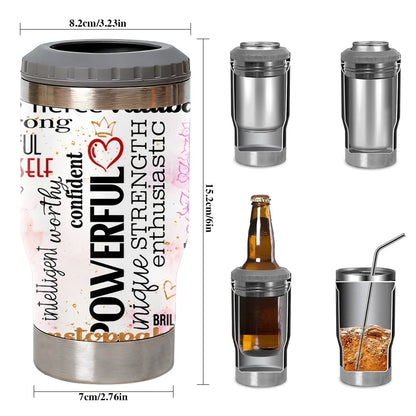 COOL Woman Motivational Vacuum Flasks 4-in-1 Stainless Steel Can Cooler Insulated Beer Soda Coffee Holder Dual Lids Fits 12oz