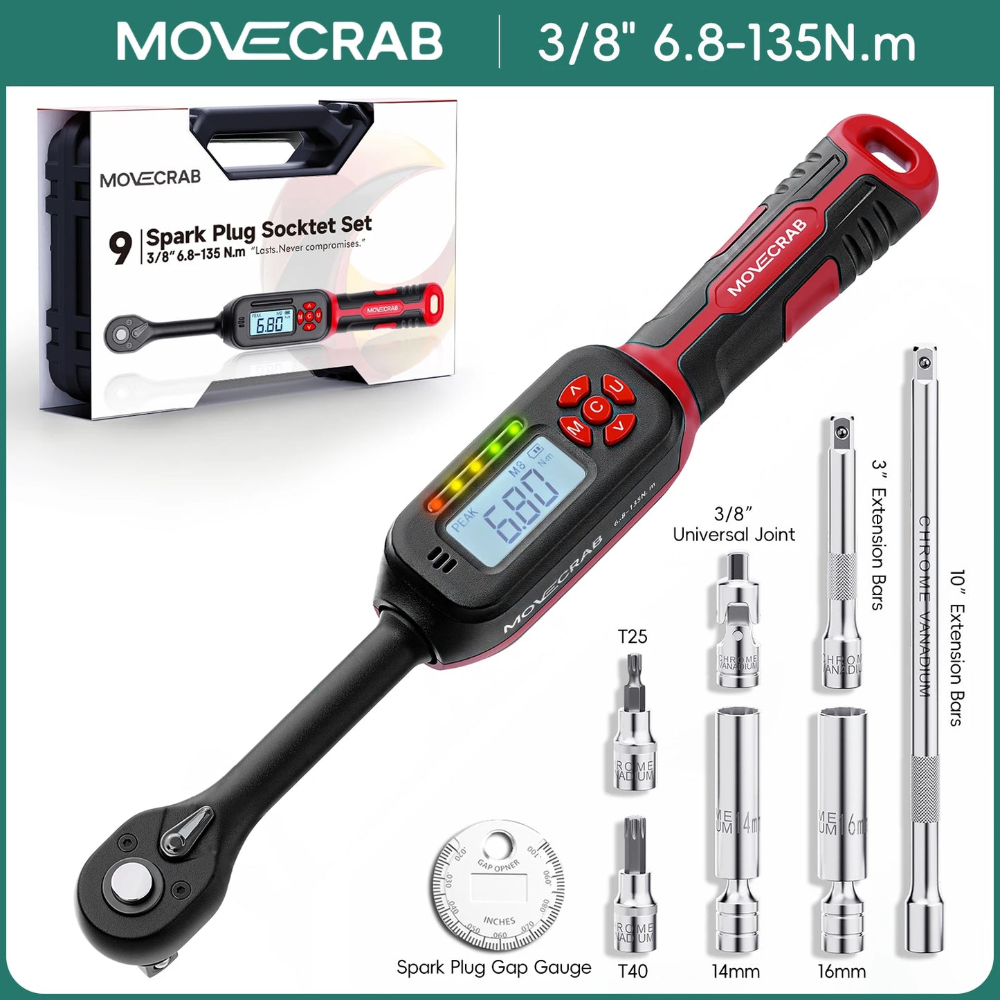 MOVECRAB Series Digital Torque Wrench 1.5-340N.m 2% Accuracy Preset Values with Buzzer, LED Flash & HandleVibration Notification