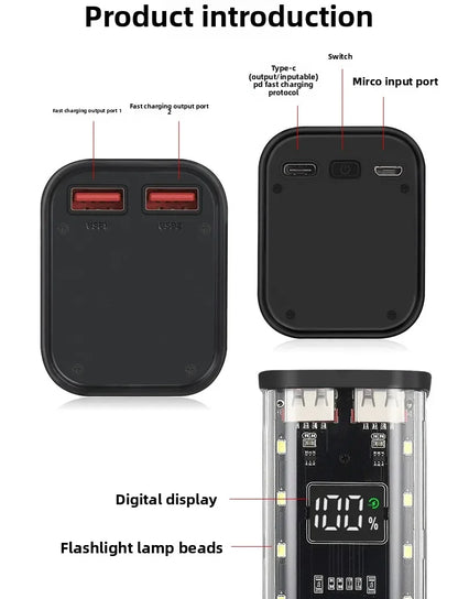 8*18650 Power Bank Case 22.5W Fast Charging USB C Battery Storage Box Transparent DIY Shell for iPhone Xiaomi Samsung