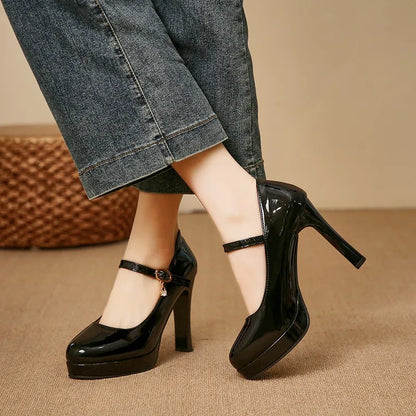 Women's classic round-toe platform heels with thick soles for 2026 summer featuring smooth leather texture Sizes available:35-42
