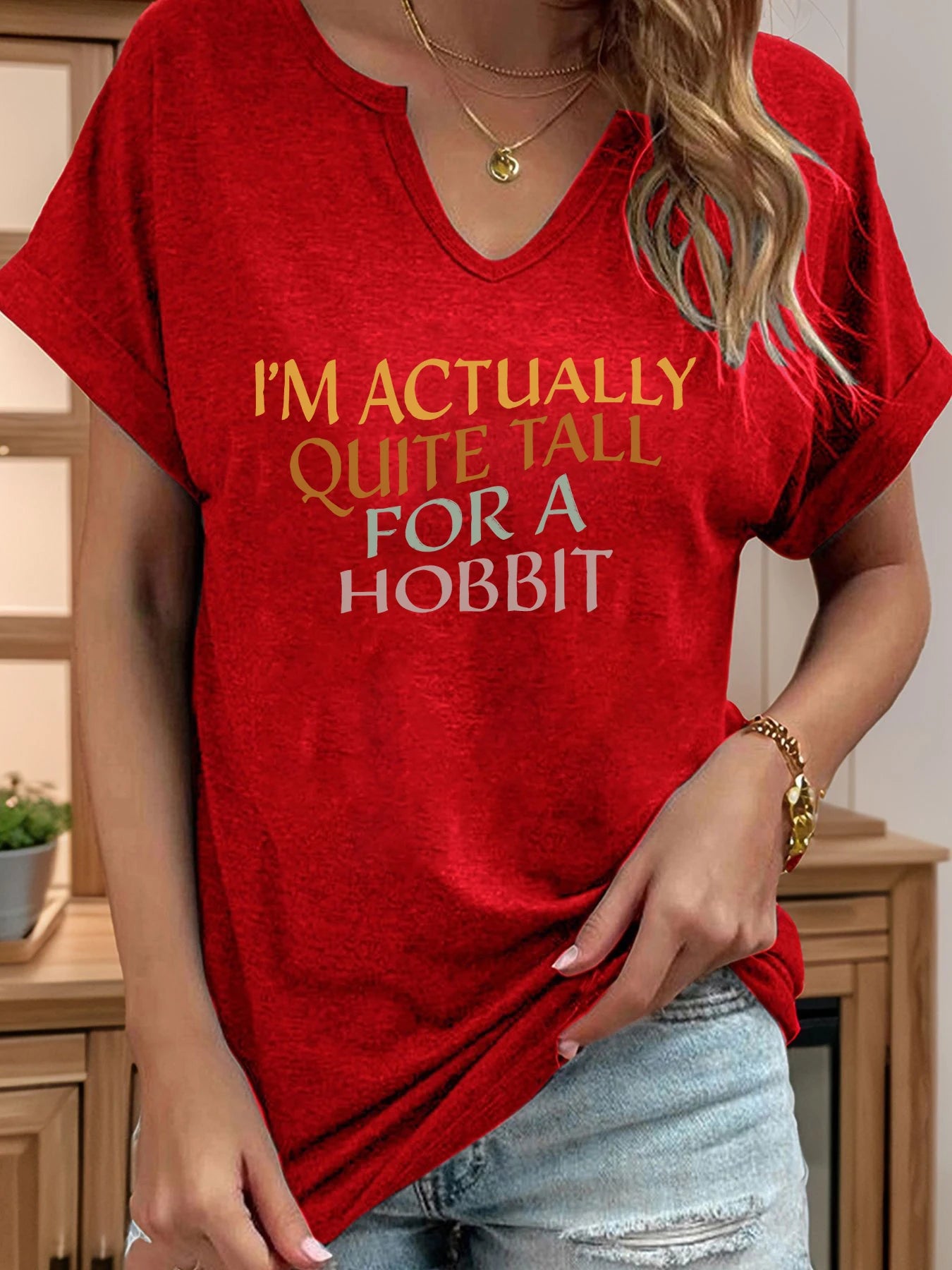 I'm Actually Quite Tall for A Hobbit Letter Print Women T Shirt Short Roll-up Sleeve V-Neck Summer Casual Top T-shirts for Women
