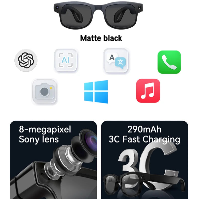 4K HD 800W Pixel Camera Smart Glasses Video Recording AI Photo Recognition Bluetooth Call Voice Translation Sunglasses