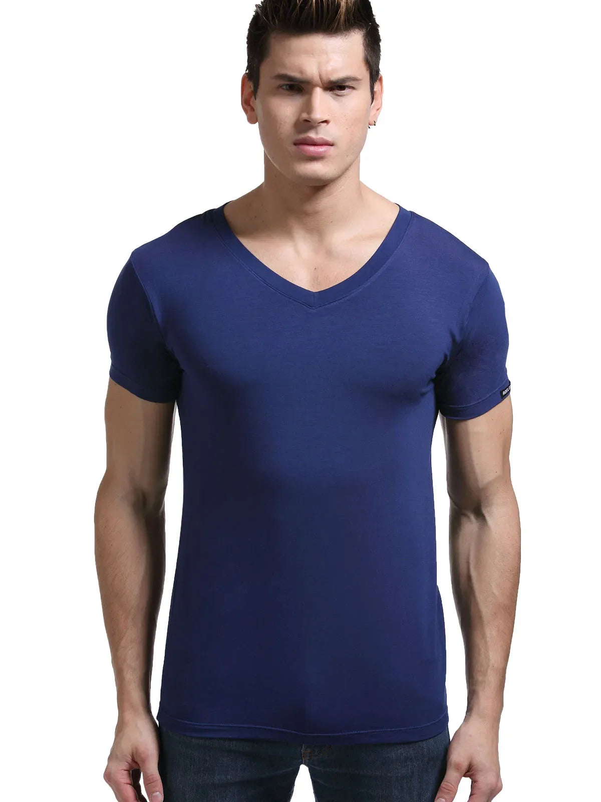 Modal summer round neck tight men's short sleeve V-neck T-shirt solid color vest T-shirt slim-fit sports undershirt